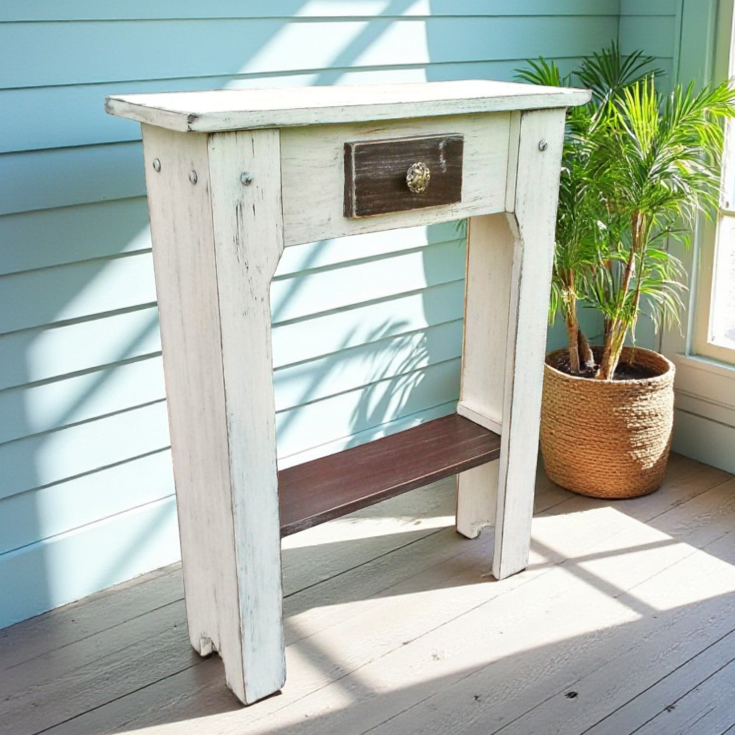 Skinny Hallway Wood Furniture Narrow Entry Small Space Table Powder Room Towel Storage Shelf Rustic Country Style Vacation Home Staging