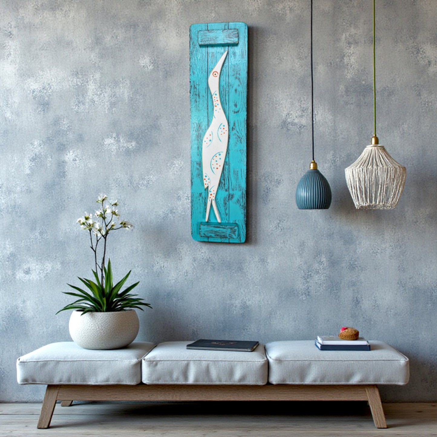 Mid-Century Bird Summer Room Accent Modern Home Staging Spring Mantel Decorating Idea Small Apartment Decor Rustic Island Egret Wall Hanging