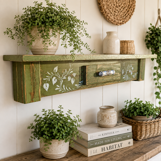 Olive Green Wooden Shelf with Vine Stenciling