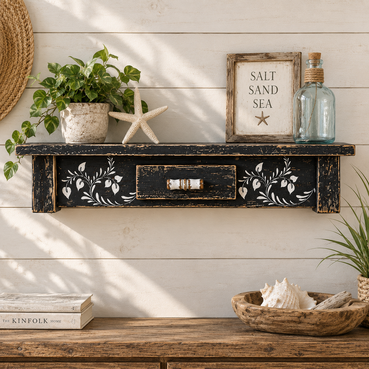Rustic Black Wooden Shelf with Vine Stenciling