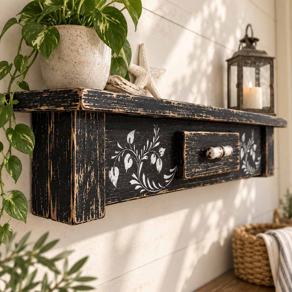 Rustic Black Wooden Shelf with Vine Stenciling