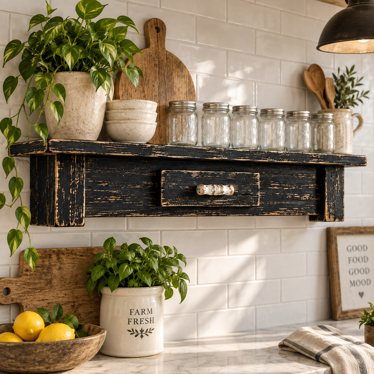 Rustic Black Wooden Shelf with Vine Stenciling