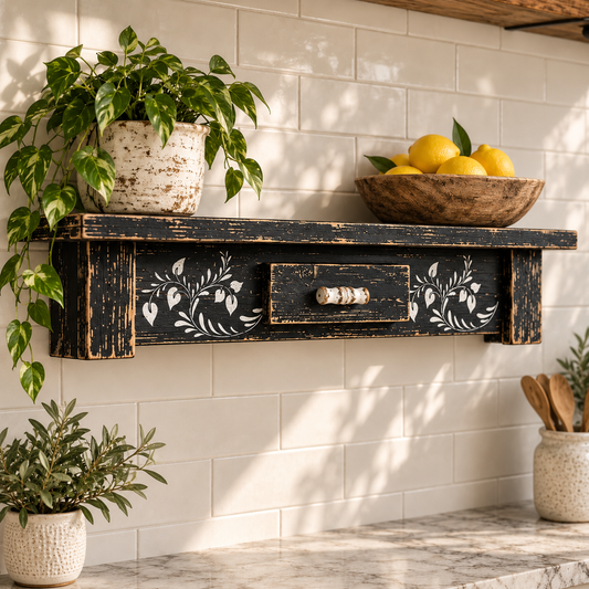 Rustic Black Wooden Shelf with Vine Stenciling