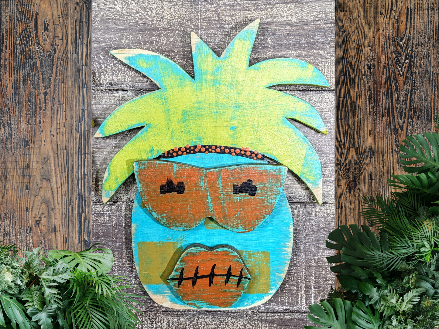 Beach Comber Pineapple Tiki Mask Whimsical Sun Worshipper Game Room Bar Sign Hawaiian Tiki Wall Hanging Wedding Accent Beach Bum Decor