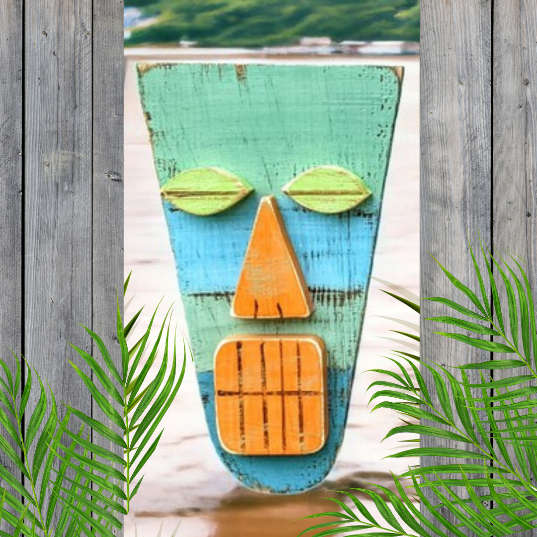 Tropical Tiki Bar Decor Island Style Wooden Tribal Mask Set Rustic Coastal Beach Wedding Accent Hawaiian Wall Hanging Whimsical Gift idea