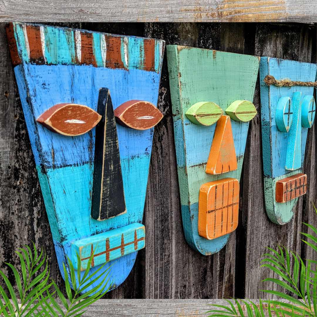 Tropical Tiki Bar Decor Island Style Wooden Tribal Mask Set Rustic Coastal Beach Wedding Accent Hawaiian Wall Hanging Whimsical Gift idea