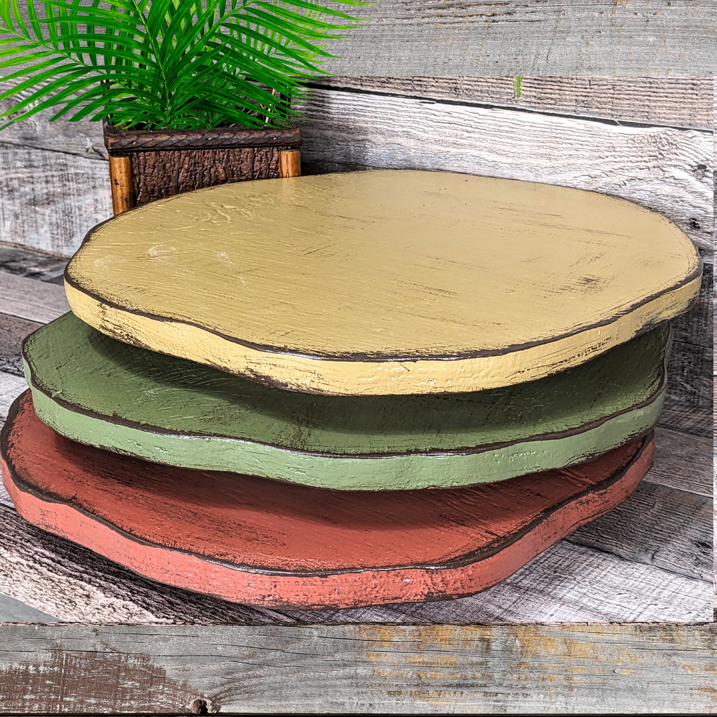 Round Wooden Entertaining Platter in Earth Tones Rustic Accent Platform Serving Tray Large Wedding Candle Display Plant Pedestal Stand Kitchen Appliance Riser