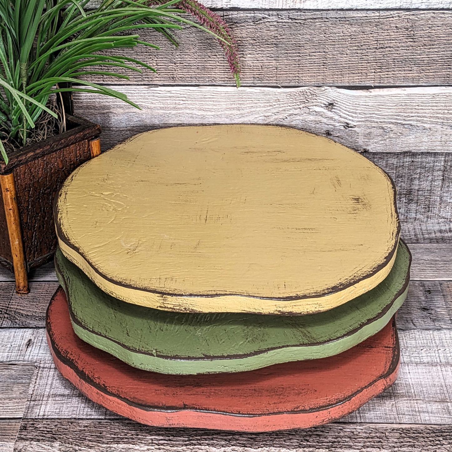 Round Wooden Entertaining Platter in Earth Tones Rustic Accent Platform Serving Tray Large Wedding Candle Display Plant Pedestal Stand Kitchen Appliance Riser