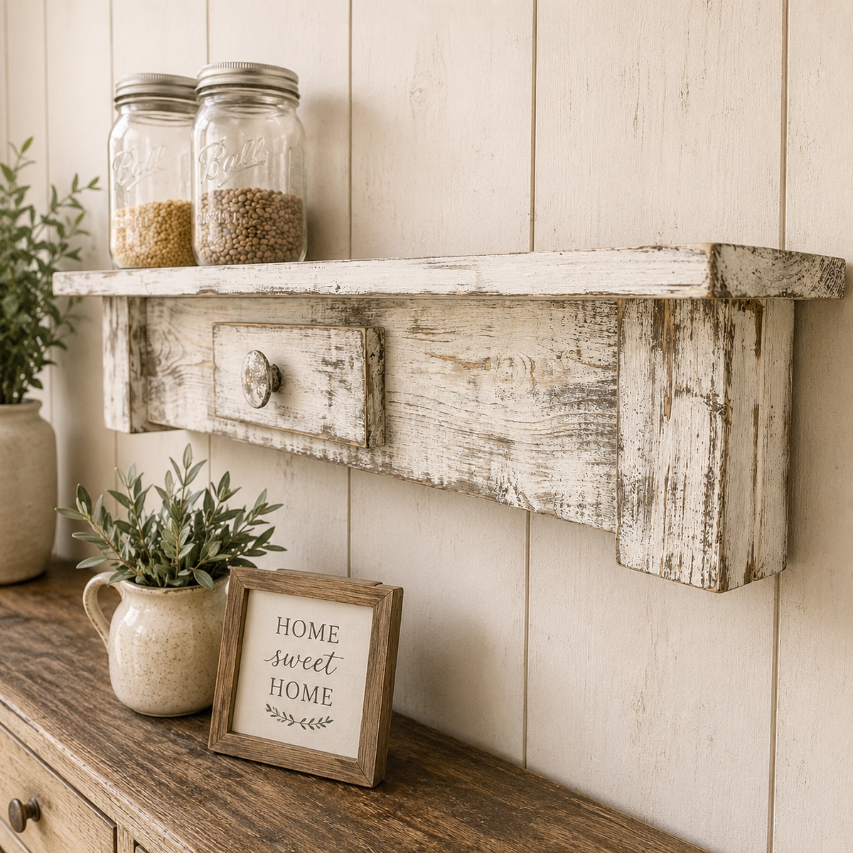 Rustic Weathered Style White Display Shelf