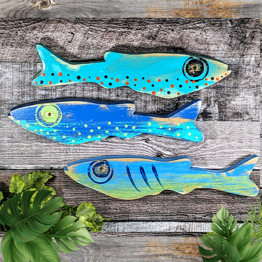 Tropical Blues Focused Nautical Nursery Whimsical School Of Fish Minnow Wall Decor Ocean Themed Beach Lover Gift Idea Wooden Fish Accent