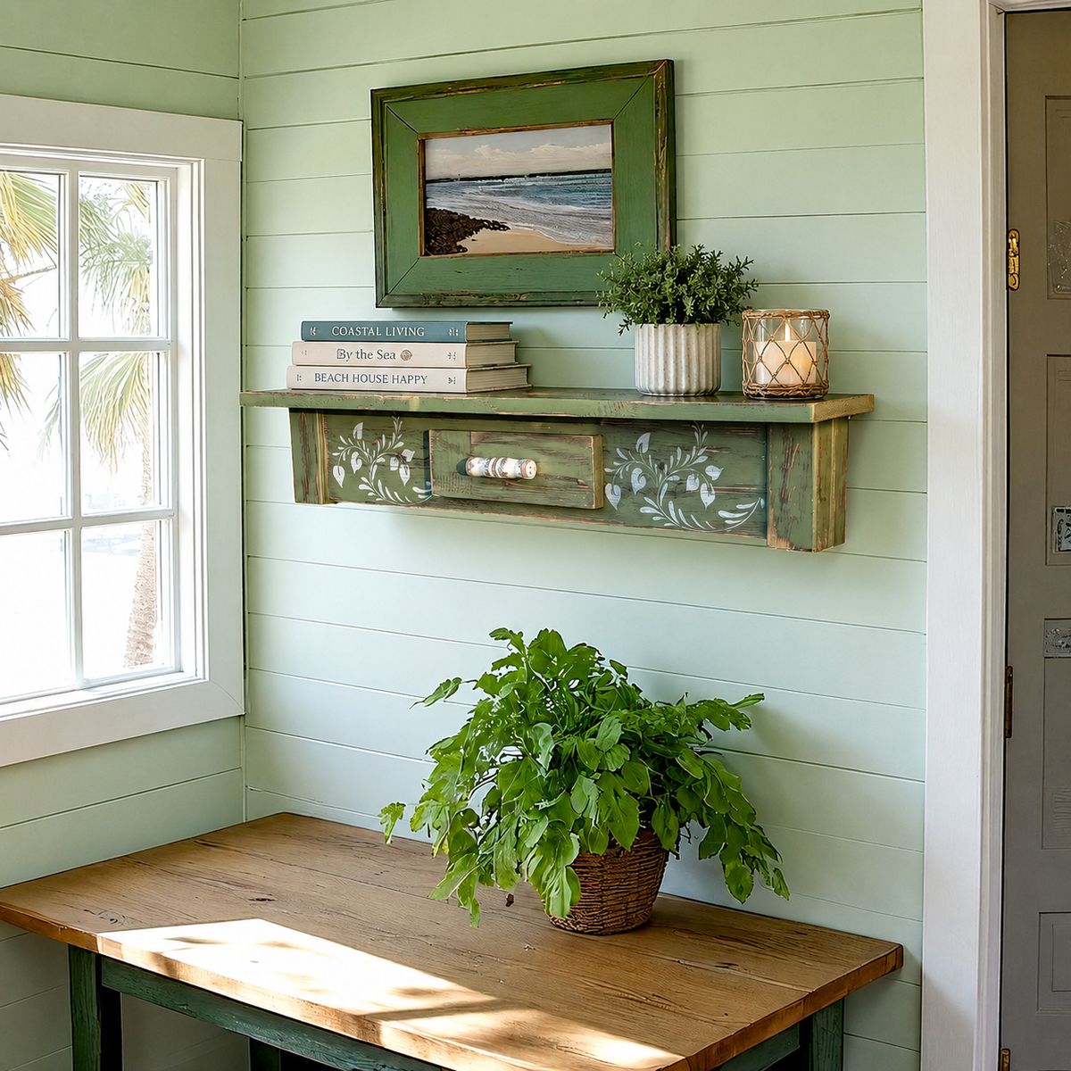 Olive Green Wooden Shelf with Vine Stenciling