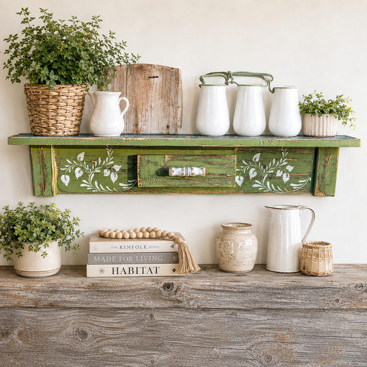 Olive Green Wooden Shelf with Vine Stenciling