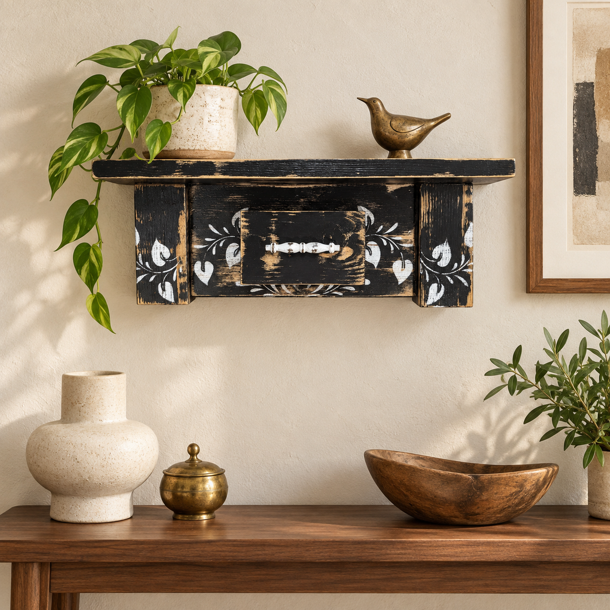 Rustic Black Wooden Shelf with Vine Stenciling