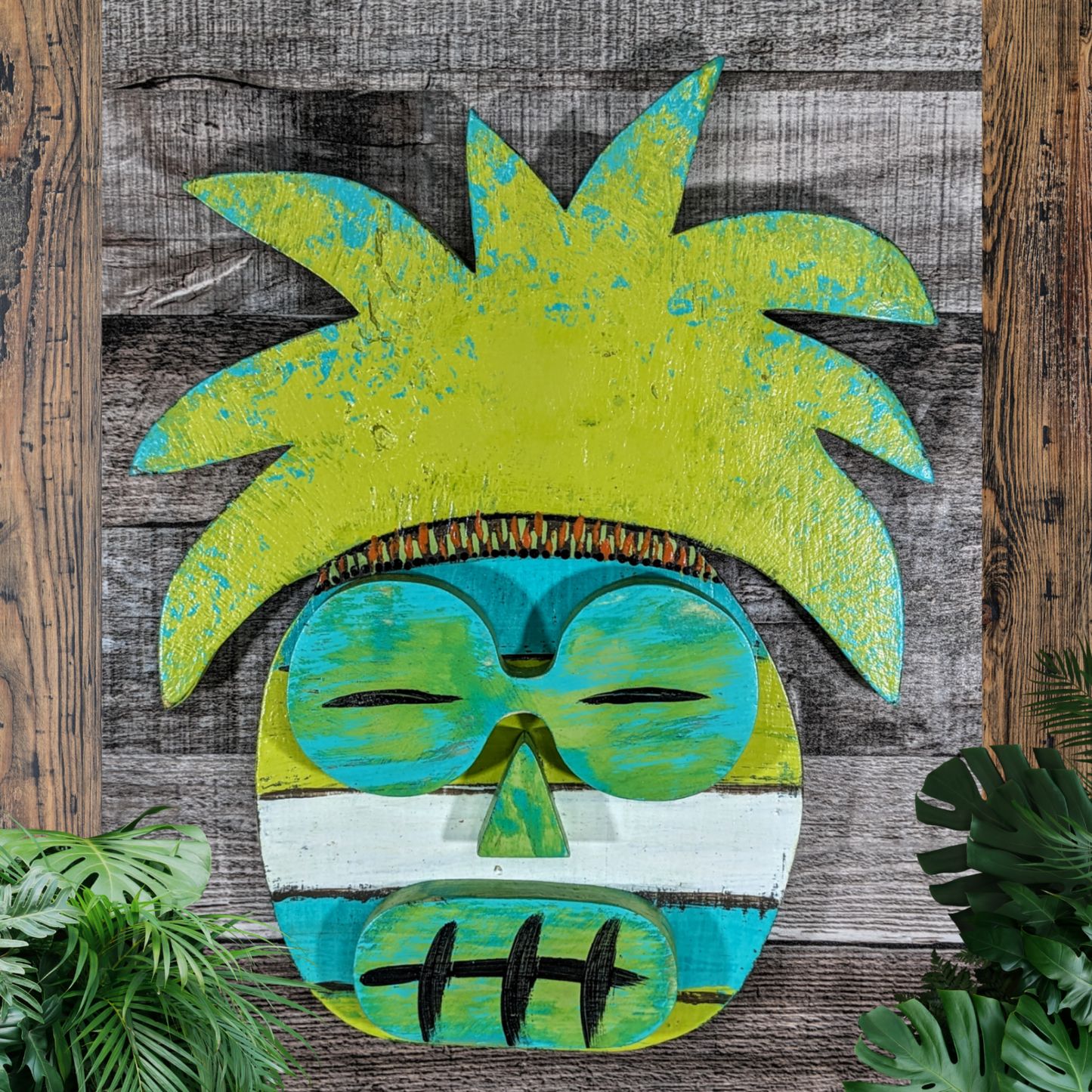 Sun Worshipper Pineapple Tiki Mask Whimsical Game Room Bar Sign Tropical Hawaiian Tiki Wall Hanging Wedding Accent Beach Bum Home Decor