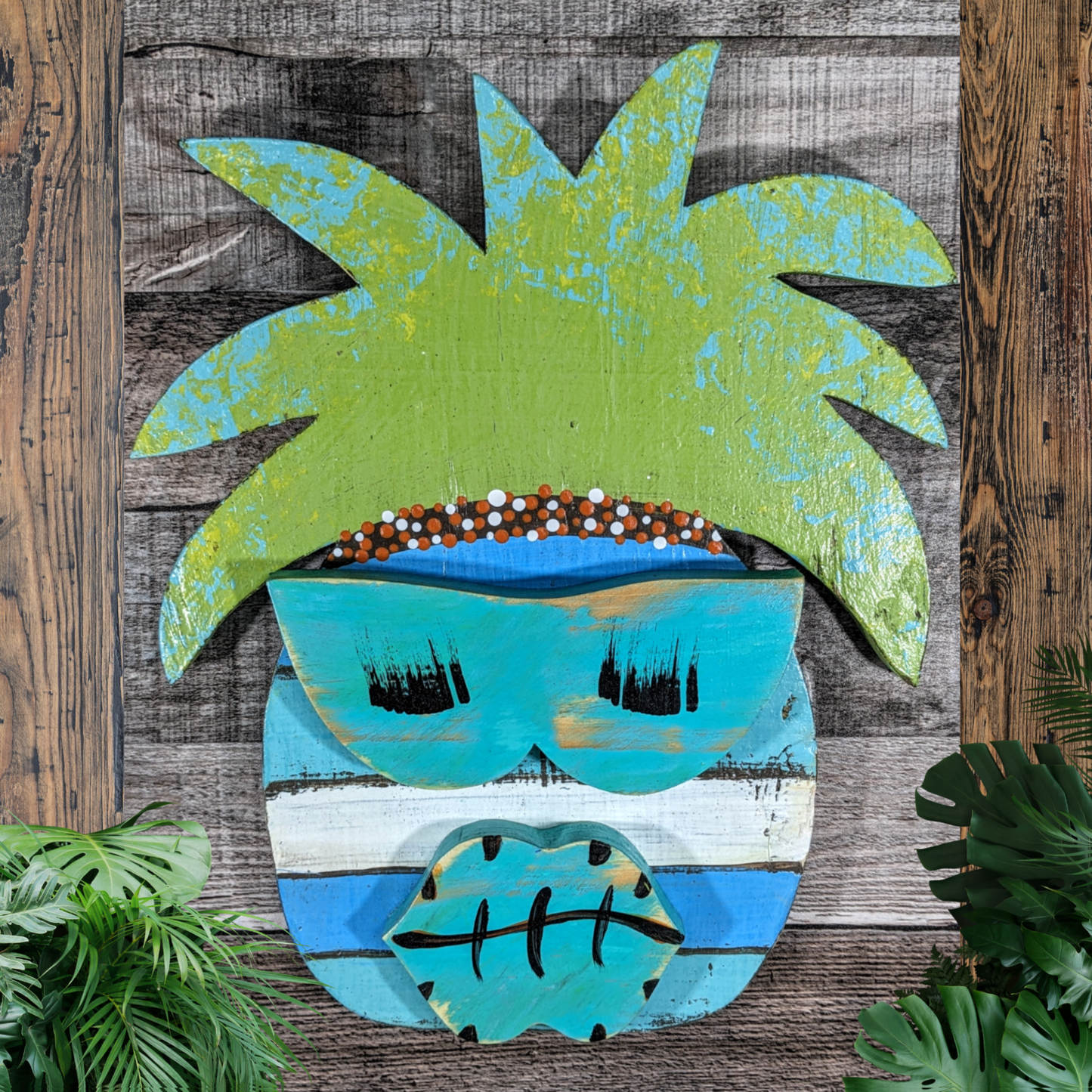 Sun Worshipper Pineapple Tiki Mask Whimsical Game Room Bar Sign Tropical Hawaiian Tiki Wall Hanging Wedding Accent Beach Bum Home Decor