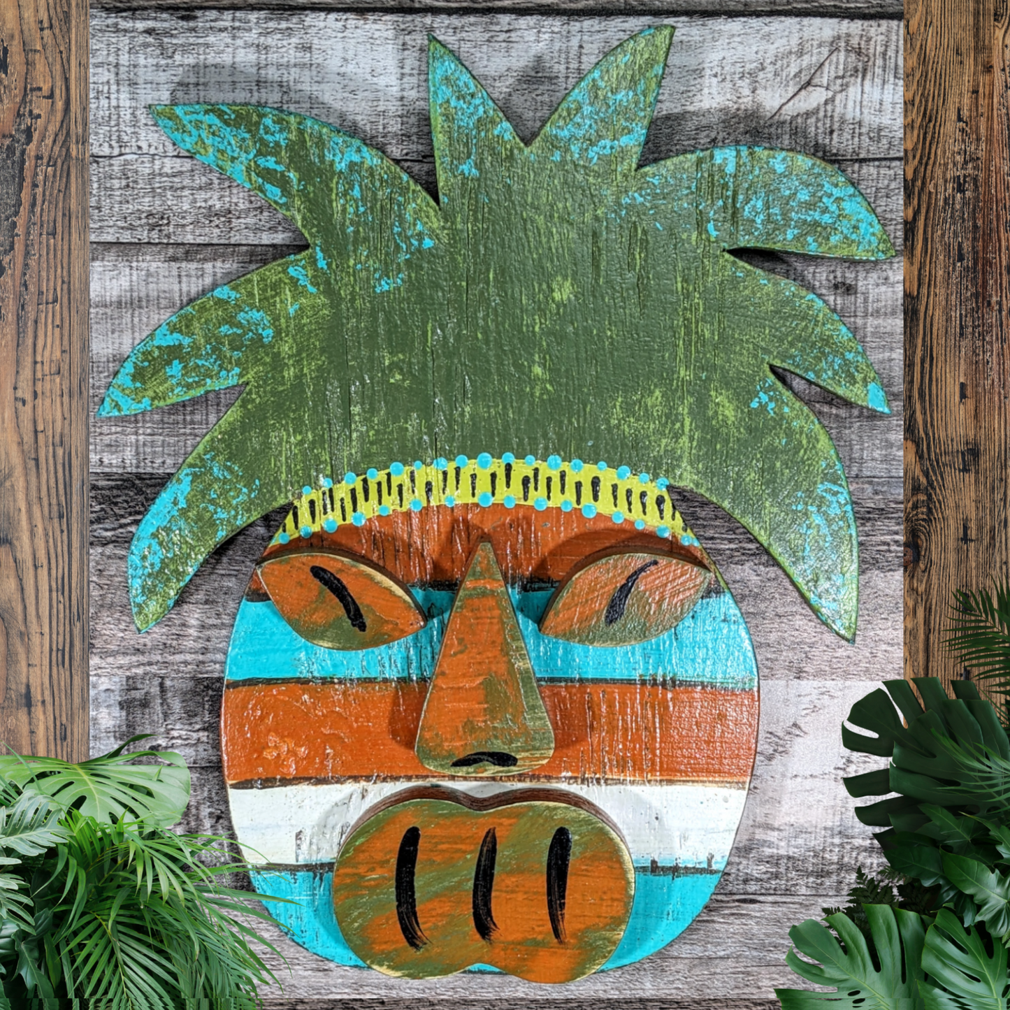 Sun Worshipper Pineapple Tiki Mask Whimsical Game Room Bar Sign Tropical Hawaiian Tiki Wall Hanging Wedding Accent Beach Bum Home Decor