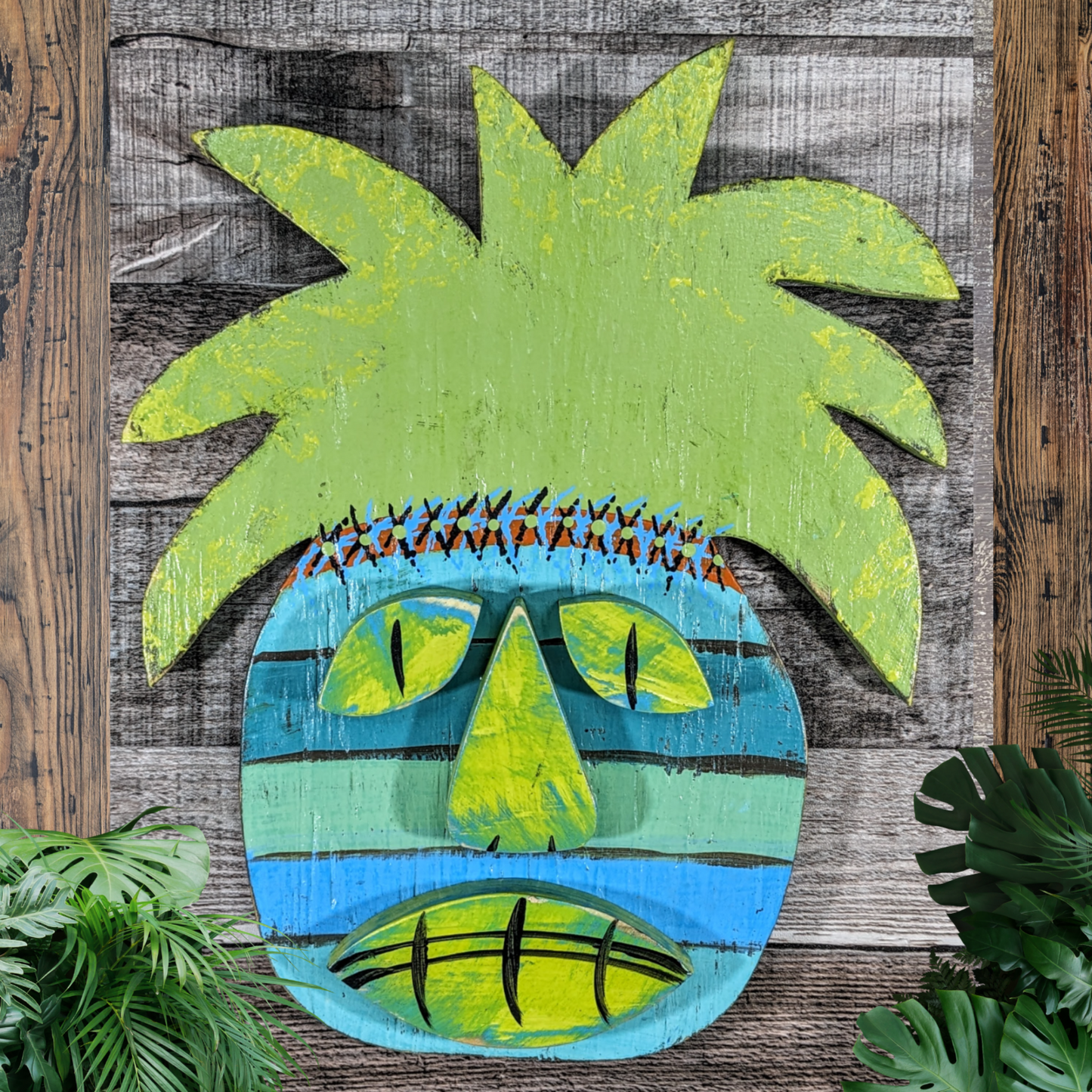 Sun Worshipper Pineapple Tiki Mask Whimsical Game Room Bar Sign Tropical Hawaiian Tiki Wall Hanging Wedding Accent Beach Bum Home Decor