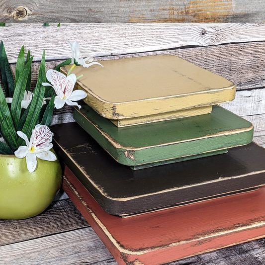 Rustic Display Risers in Warm Earth Tones Wooden Platform Serving Trays Large Candle Stand Tiered Tray Pedestal Accent