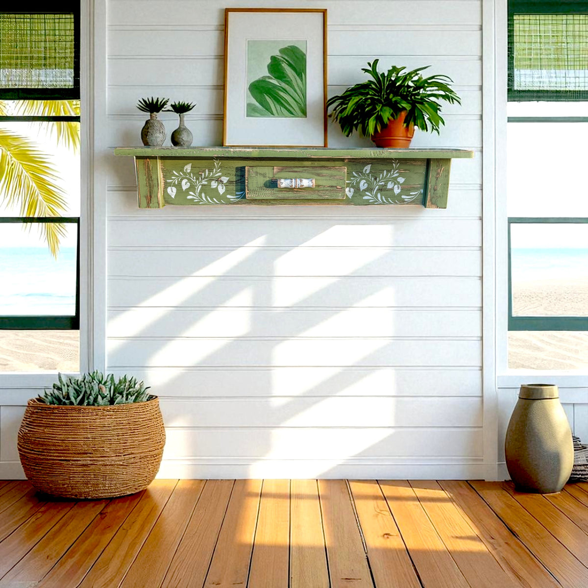 Olive Green Wooden Shelf with Vine Stenciling