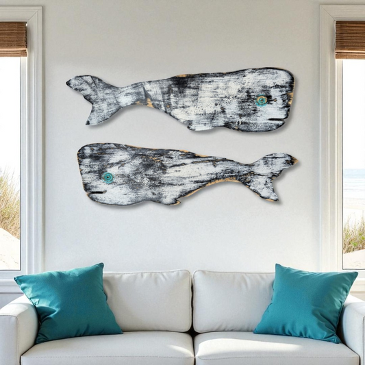 Primitive Wood Whale Ocean Themed Nursery Accent Rustic Wooden Whale Nautical Coastal Living Housewarming Gift Idea Black & White Wall Decor